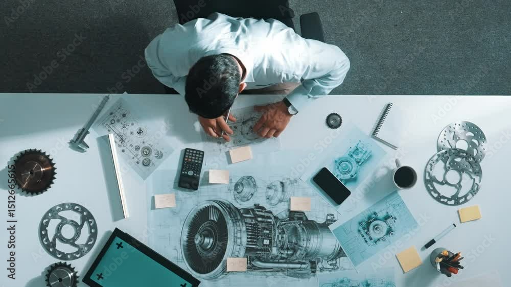 Poster top down view of skilled engineer writing and planning turbine engine design while sitting at meetin