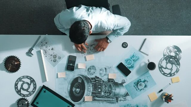Top down view of skilled engineer writing and planning turbine engine design while sitting at meeting table with gear and electronic generator scatter around. Technician taking a note. Alimentation.