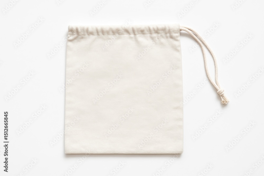 Poster simple clean white cotton drawstring bag lying flat empty and isolated on a pure white background pe