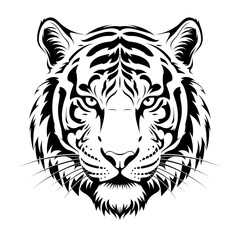 Fototapeta premium Tiger Majesty: A stark, symmetrical portrait of a tiger's face, rendered in bold black lines, showcasing its powerful essence with detailed stripes and an intense gaze.