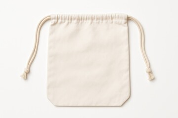 Simple clean white cotton drawstring bag lying flat empty and isolated on a pure white background perfect for mockups branding or eco-friendly packaging concepts.