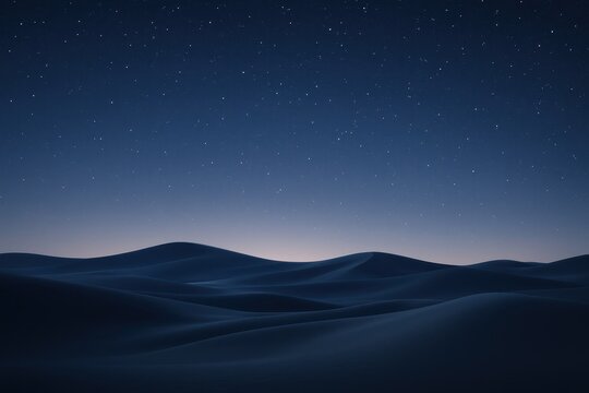 Serene minimalist desert landscape at night featuring smooth rolling sand dunes under a breathtaking gradient sky transitioning from deep indigo to soft starlight.