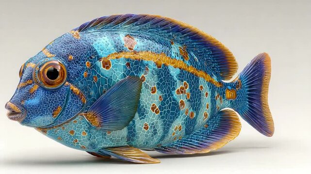 Detailed Blue and Golden Fish Mosaic Pattern Illustration Displayed in Multiple Rows