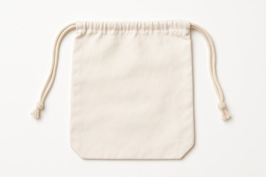 Simple clean white cotton drawstring bag lying flat empty and isolated on a pure white background perfect for mockups branding or eco-friendly packaging concepts.