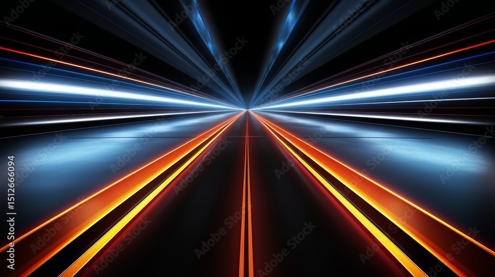 Poster long road with orange and blue lights. the lights are on in a way that they are not evenly spaced ou
