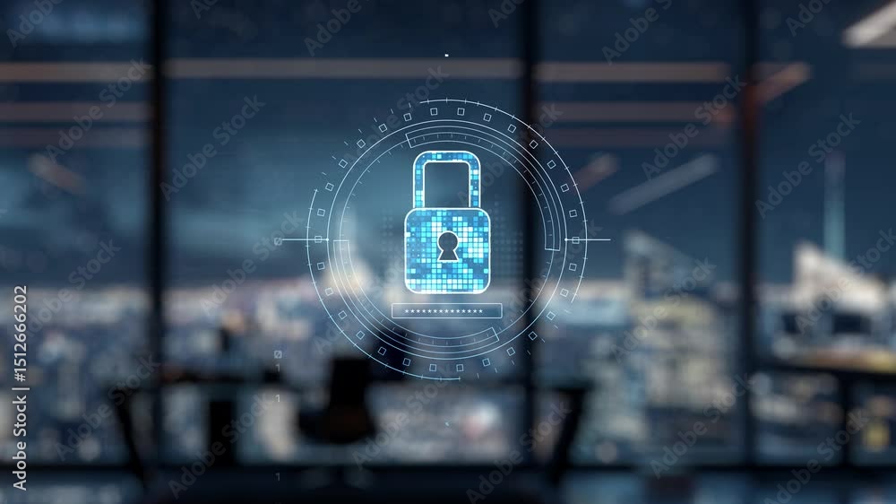 Poster a futuristic robot hand interacts with a digital lock on a high-tech screen, symbolizing cybersecuri