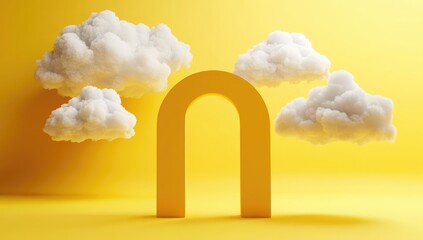 Bright yellow room with archway, fluffy clouds