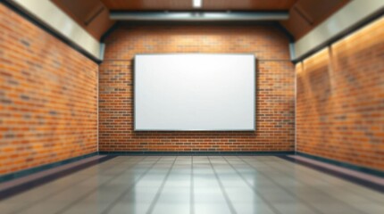 Blank white billboard on a brick wall in a tunnel-like setting, providing space for customized content.