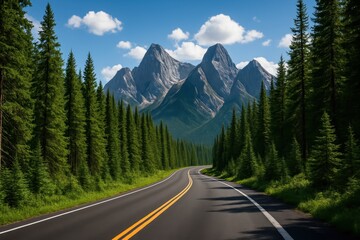Winding asphalt mountain road leading through a lush green pine forest towards distant snow-capped peaks under a vibrant clear blue summer sky.