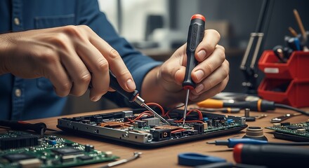 Repairing Electronic Device with Screwdrivers on Workbench