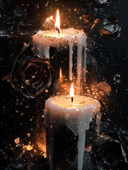 Elegant Halloween themed two candles with melting wax, surrounded by black roses and golden glitter. Ideal for dark romantic decor, seasonal promotions, or gothic editorial content.