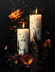 Elegant Halloween themed two white candles with melting wax, surrounded by black roses and golden glitter. Ideal for dark romantic decor, seasonal promotions, or gothic editorial content.