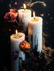 Elegant Halloween themed white candles with melting black wax, surrounded by roses, berries, and golden glitter. Ideal for dark romantic decor, seasonal promotions, or gothic editorial content.