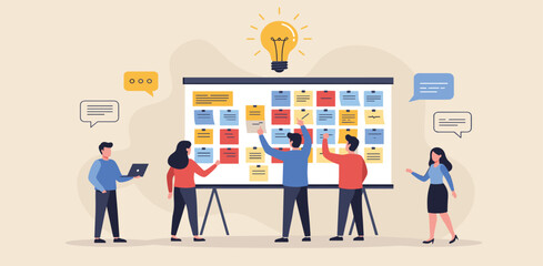 Workshop idea meeting brainstorm, people discussion or collaboration for business idea, teamwork or conversation in workplace, gathering solution concept, business people in brainstorm