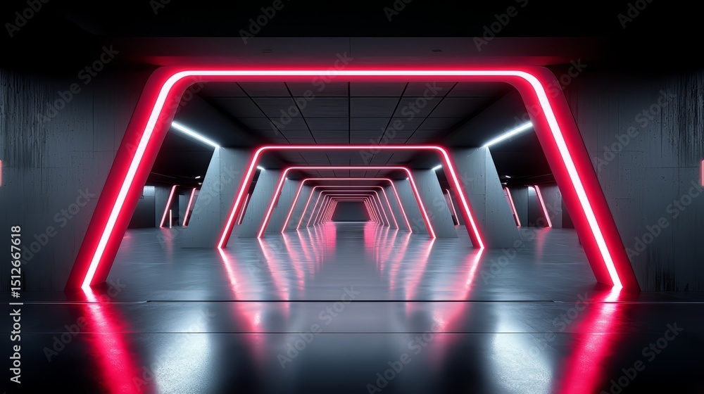 Fototapete Long, narrow tunnel with red lights shining on the ceiling. The tunnel is empty and the lights are on, creating a sense of emptiness and solitude. The red lights give the tunnel a futuristic