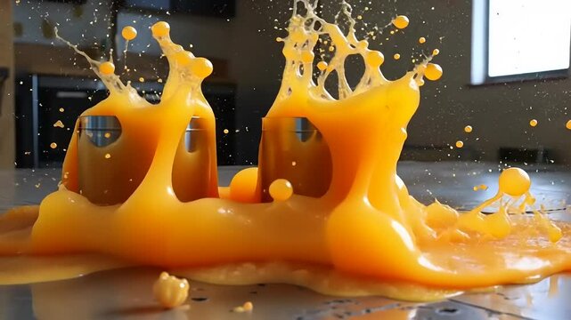 Captivating visual symphony: Orange liquid explodes around cylindrical objects in mesmerizing motion