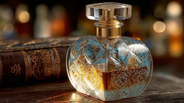 Exquisite Crystal Perfume Bottle with Gold Accents and Vintage Book Background