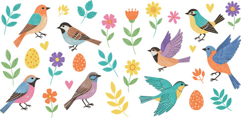 Bird, Easter egg and flower vector icon illustration. Cute spring cartoon background with abstract element. Hand drawn design. Branch plant tree leaf silhouette pattern. Crayon chalk garden shape bg