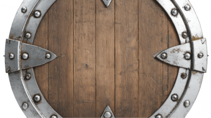 A medieval wooden shield with steel edges, white background, png, transparent