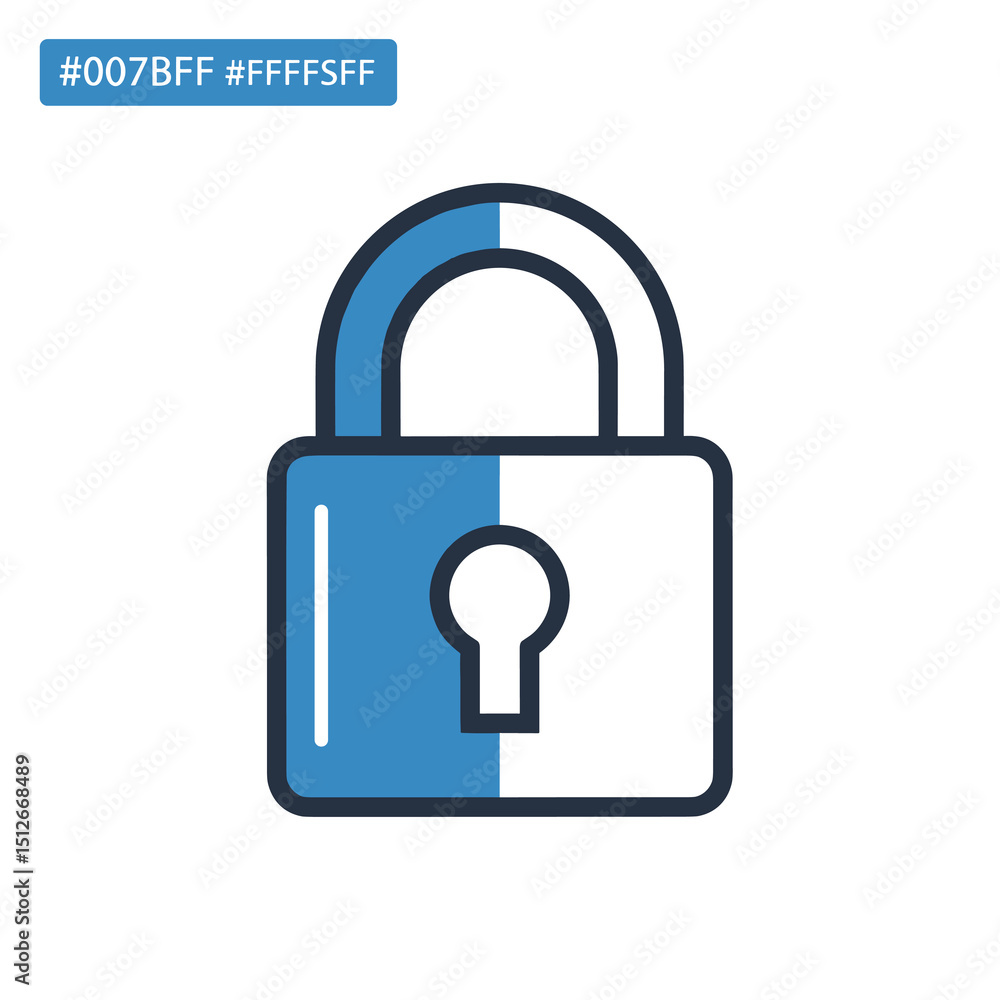 Poster padlock icon in blue and white: simple line drawing padlock split into half color, one half with sha
