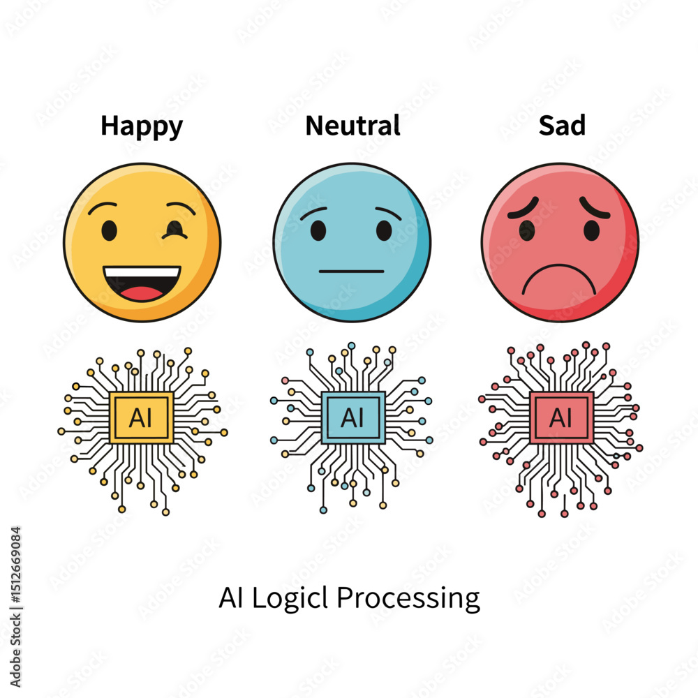 Poster ai emotional processing: three emojis representing happy, neutral, and sad emotions are paired with 