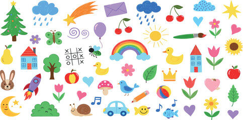  Kid crayon hand drawn background. Children school pencil bg. Cute summer flower, cloud, house, rainbow sun child icon. Vector kid sketch illustration. Cute crayon children pattern. Color pencil doodl