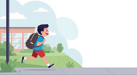Happy boy running home from school with a backpack on a sunny day