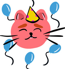 Kot z balonami i czapką urodzinową – ilustracja wektorowa © Laura