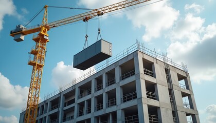 Aerial shot of construction crane lifting modular building section into place. Modern architecture, new building site. Blue sky, white clouds background. Industrial equipment, engineering tech,