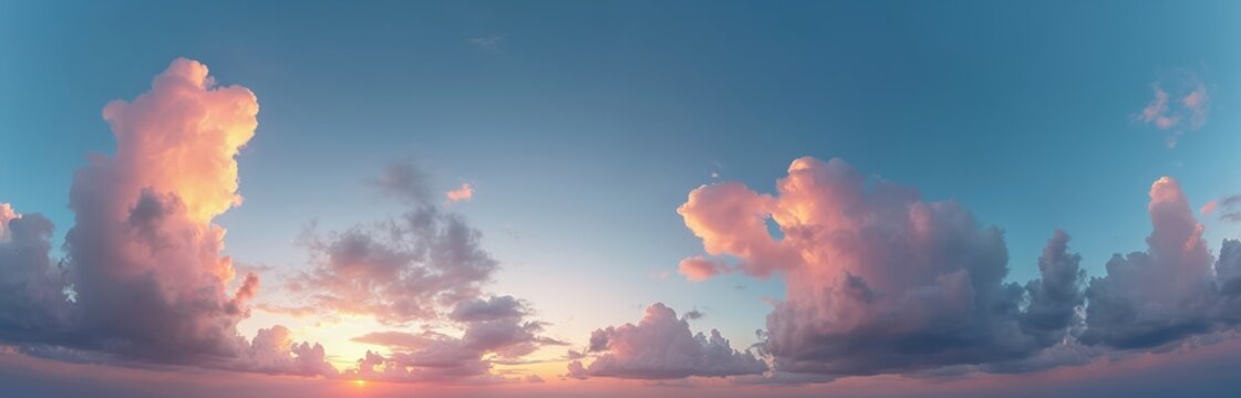 Panoramic sunset sky view with bright glowing pink cumulus clouds. HDR 360 seamless spherical panorama. Full sky dome for 3D visualization. Ideal for sky replacement or aerial drone panoramas.