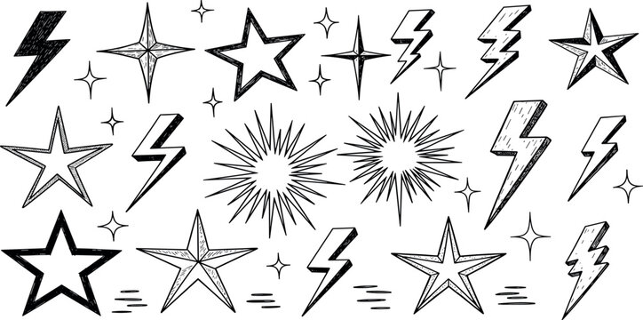 Star and flash doodle scribble icons. Rock and punk lightning, hand drawn line sketch vector. Music thunder crayon cartoon set. Stars and flash fire brush illustration. Chalk crayon texture element bg