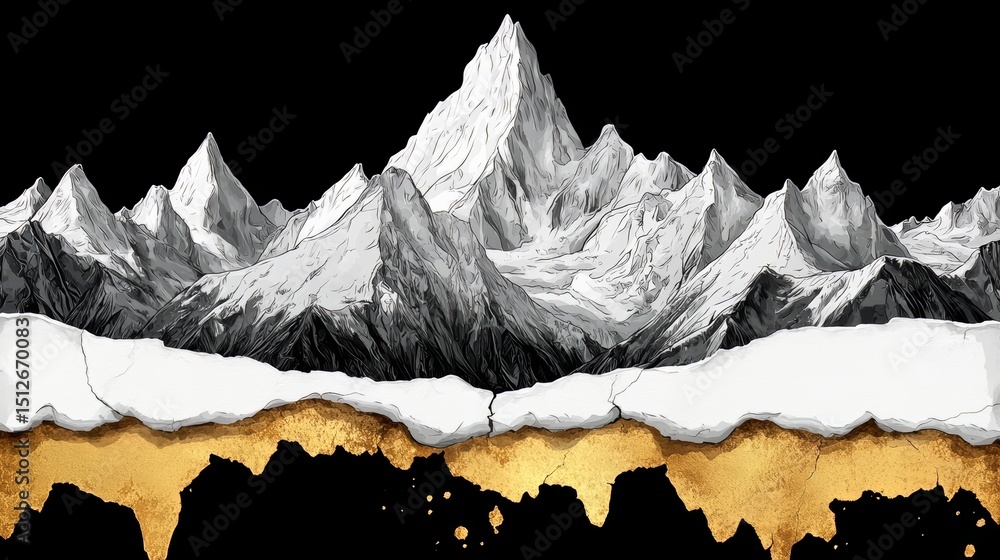 Poster mountain range with snow on the peaks and a gold border. the mountains are depicted in a stylized wa