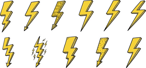 Thunder lightning. Bolt doodle icon. Hand drawn energy flash lightening. Crayon sketch thunder vector. Electric light power, brush bolt. Thunderbolt element. Energy flash scribble punk rock shape bg
