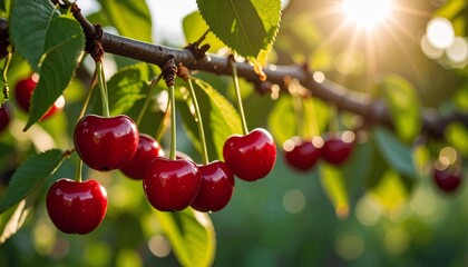 Obraz premium Cherry tree branch with bright red cherries on the tree, green leaves, natural daylight, blurred background.