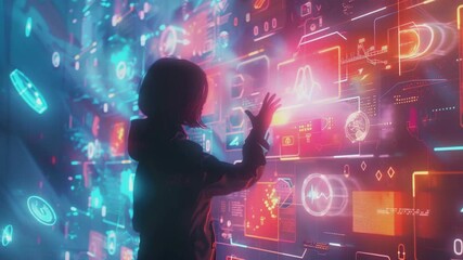 A person interacting with a futuristic holographic interface, surrounded by floating icons representing, aspects of digital skills, Generative AI Videos. - Powered by Adobe