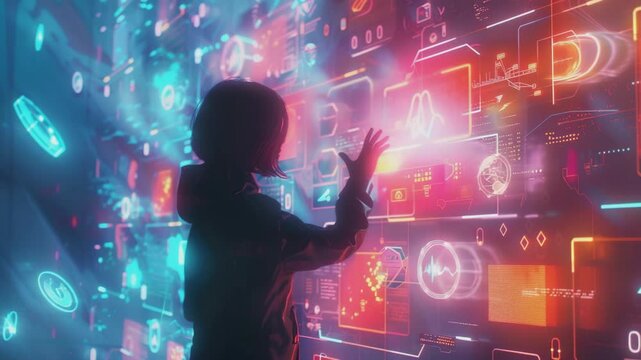 A person interacting with a futuristic holographic interface, surrounded by floating icons representing, aspects of digital skills, Generative AI Videos.