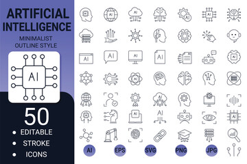 Artificial intelligence editable line icon set – machine learning & smart robot symbols for web and app