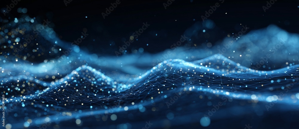 Aufkleber An abstract representation featuring a wave with moving dots and lines, symbolizing the flow of particles in a cyber technology context, created using 3D rendering