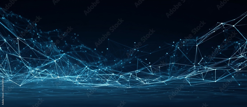 Poster a cyber technology illustration depicting an abstract wave comprised of moving dots and lines, which
