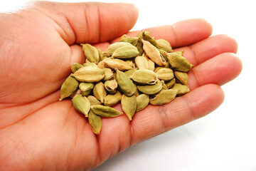 hand full of cardamom dry seeds with white background close-up view selective focused 
