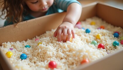 Young child explores sensory bin filled with rice, small colorful toys. Toddler plays with rice, exploring textures. Child plays, touches, feeling, learning with hands at home. Educational activity