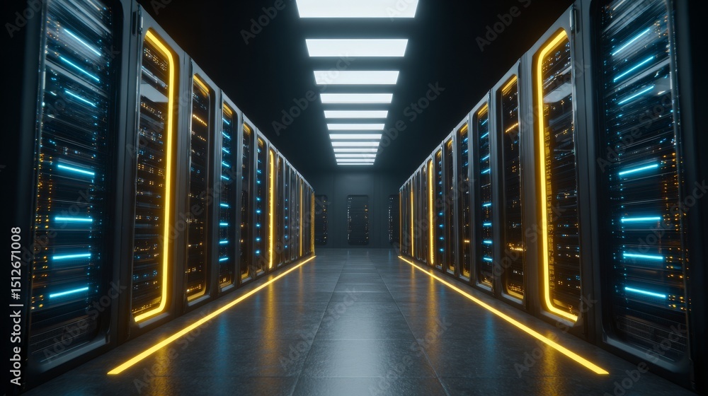 Poster the corridor of a working data center is captured, filled with rack servers and supercomputers, and 