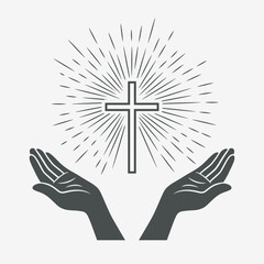 Black and White Open Hands with Cross and Divine Light, Symbol of Faith and Prayer. Design Template for Church Logo. Prayer, Religion Concept Monochrome Cut Out Silhouette Icon. Vector Illustration
