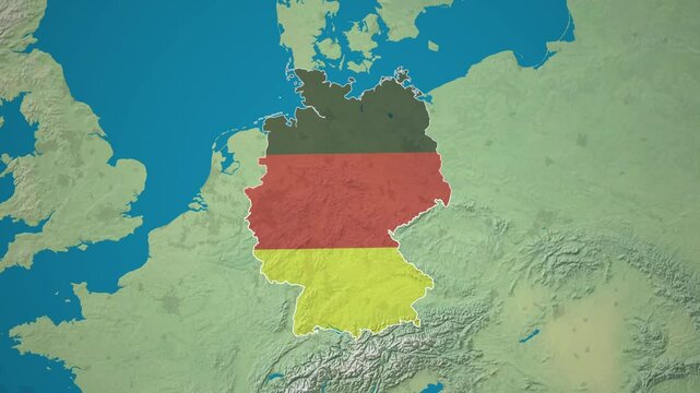 Zoom from Earth to Germany. (Country Flag) World map animation with highlighted country borders. Western Europe Cinematic 3d world map animation highlights aerial views, tourism, and travel. 4k