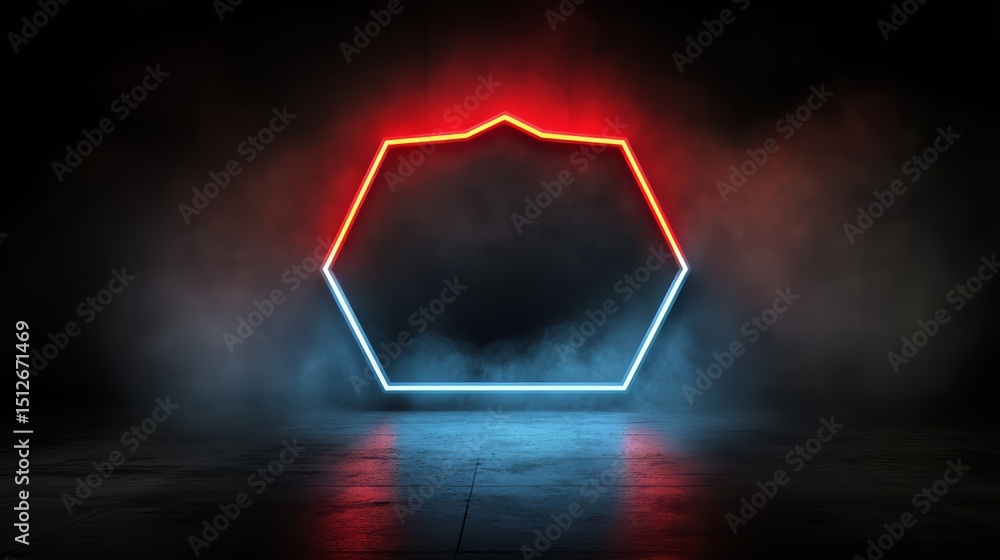 Poster neon sign with red and blue lights is lit up in a dark room. the sign is shaped like a triangle and 
