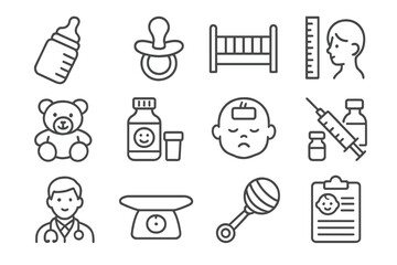 Fototapeta premium Baby care icons: pacifier, crib, teddy bear, syringe, doctor, rattle