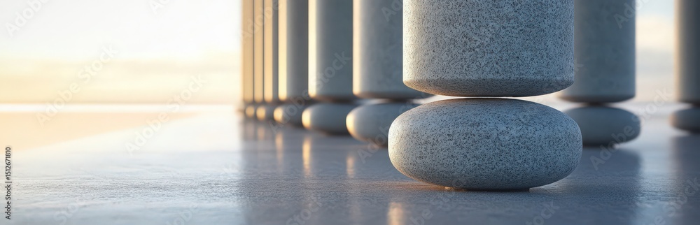 Poster minimalist structure: a row of elegant stone columns casts long shadows, hinting at the interplay of