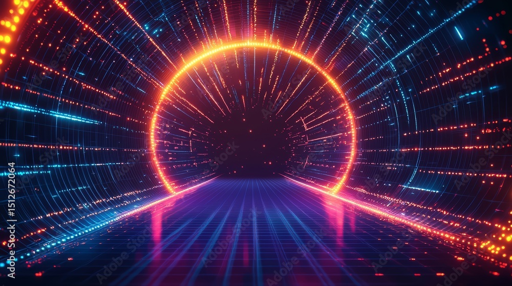Poster neon tunnel with a glowing orange center. the tunnel is lit up with neon lights and has a futuristic