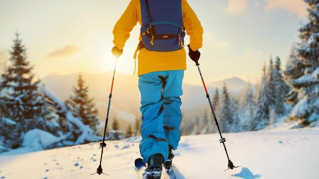 A hiker trudges through deep snow using hiking poles in a winter setting, dressed in bright yellow jacket and blue pants, against a backdrop of snow-covered mountains and trees at sunset.