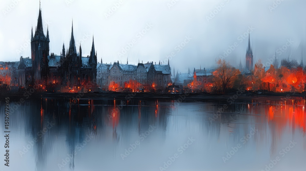 Poster painting of a city with a river and a bridge. the city is lit up with lights, creating a warm and in